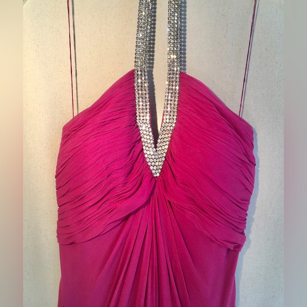 VINTAGE Pink empire waist silk maxi dress halter top deep V neck rhinestones Sz6 - Picture 14 of 14